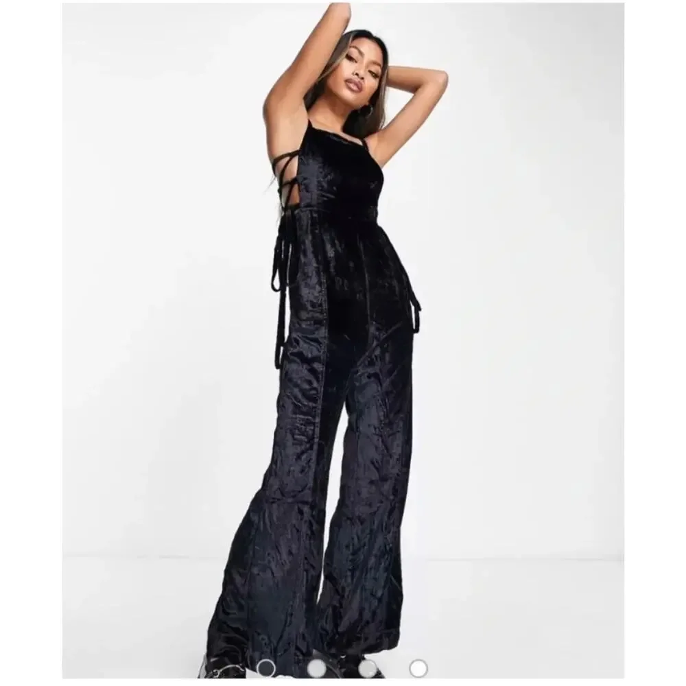 FREE PEOPLE Black Crushed Velvet 90s Forever Lace Up Jumpsuit Wide Leg Small